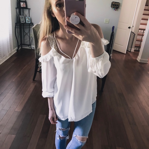 LONG SLEEVE COLD SHOULDER TOP OFF WHITE - Picture 2 of 5